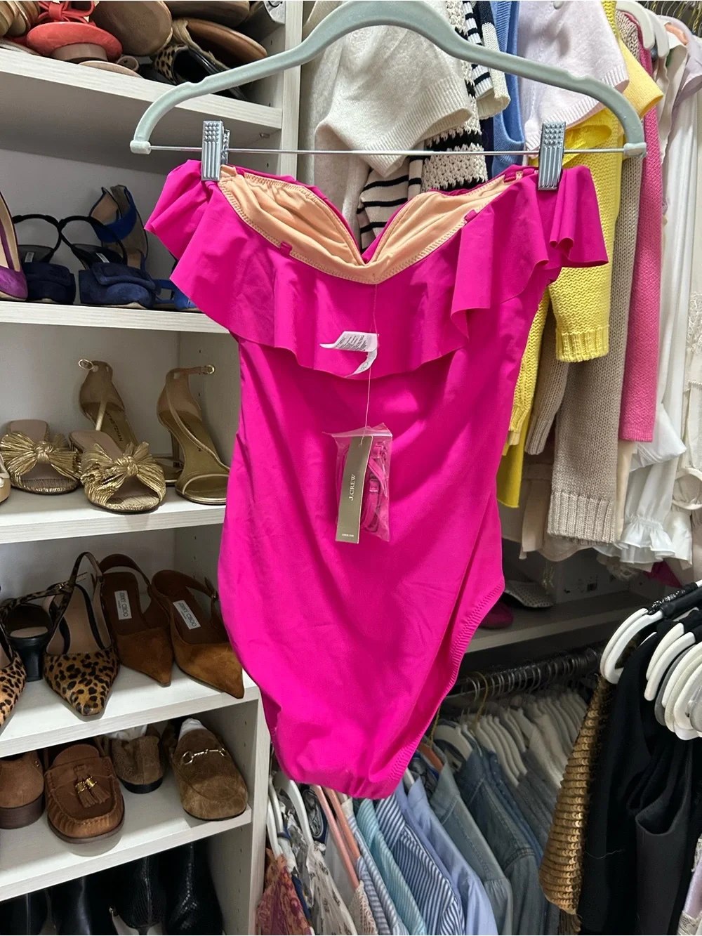 J Crew NWT Ruffled One-Piece Swimsuit in Bright Pink Size 4. 5 star seller!